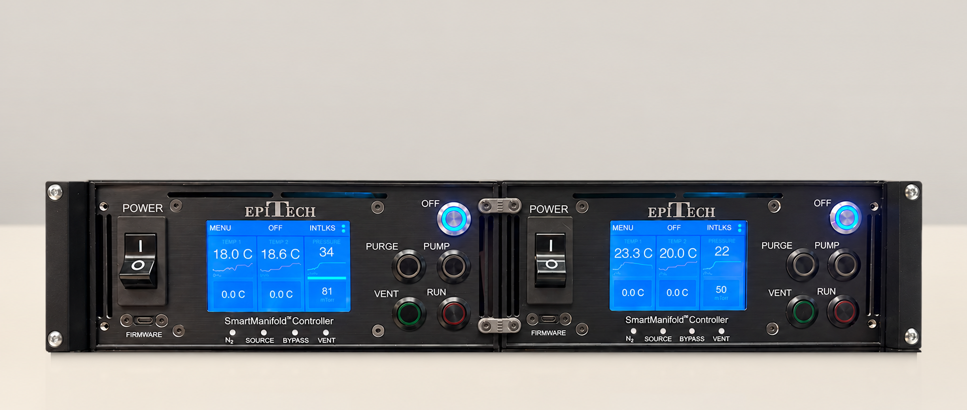 Two SmartManifold gas manifold controllers, rack-mounted side by side