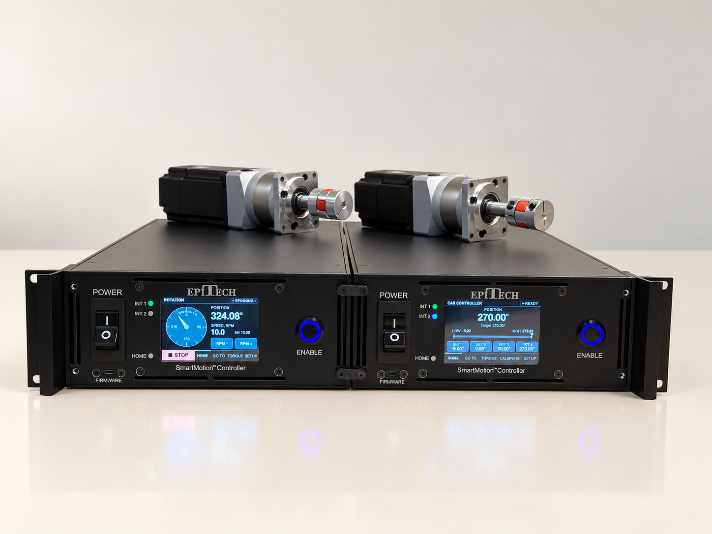 Two EpiTech SmartMotion controllers configured for CAR control, rotation axis on the left and position axis on the right, with two motors