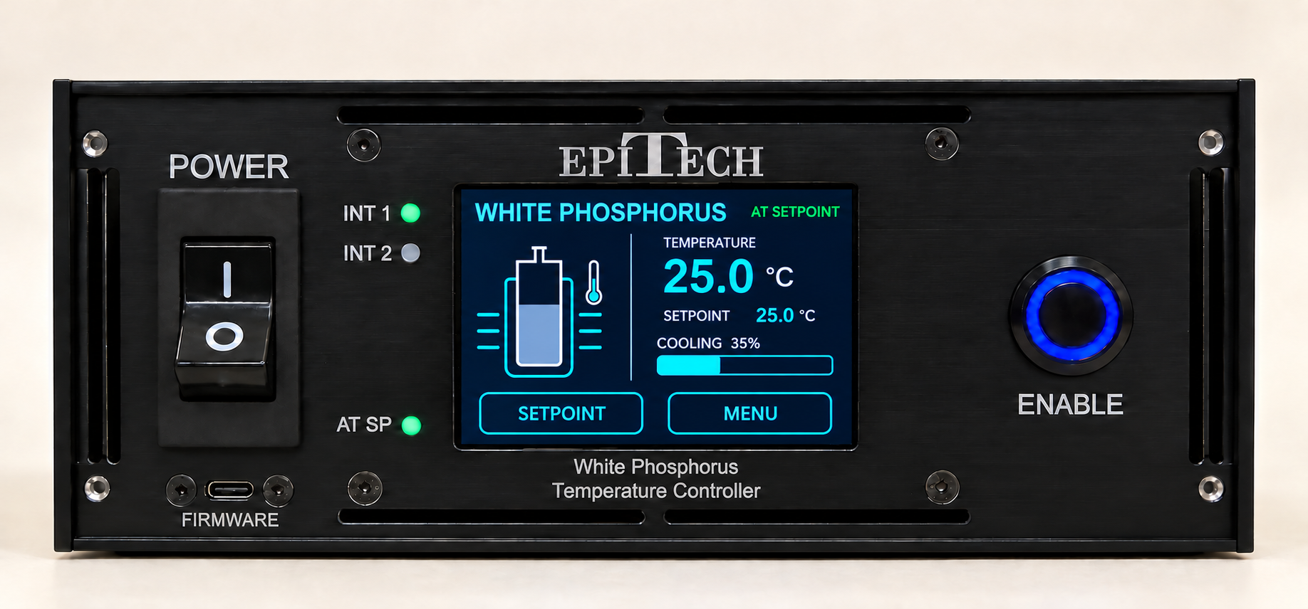 White Phosphorus Temperature Controller front-panel design, with touchscreen temperature and cooling display, power switch, interlock indicators, and enable button